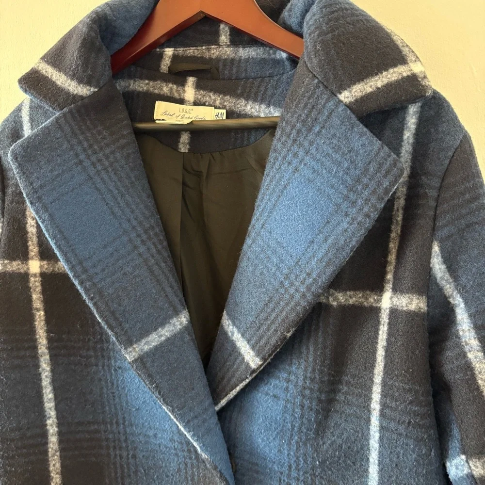 H&M Felted Oversized Coat Check Plaid Dark Blue Size M Bloggers' Favorite - Picture 10 of 15